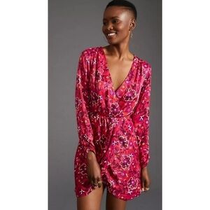Anthropologie Maeve Pink Floral Wrap Mini Dress